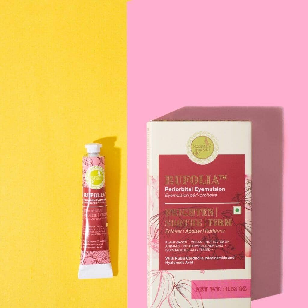 Rufolia Periorbital Eyemulsion - Brighten, Soothe &amp; Firm Under-Eyes with Manjistha, Aloe Vera, Niacinamide &amp; Hyaluronic Acid Eye Cream A Modernica Naturalis 